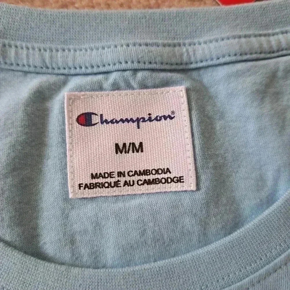 ❤️ New! Champion Logo Tee Medium 100% Cotton Light Blue Short  Sleeved T-shirt - Picture 5 of 9
